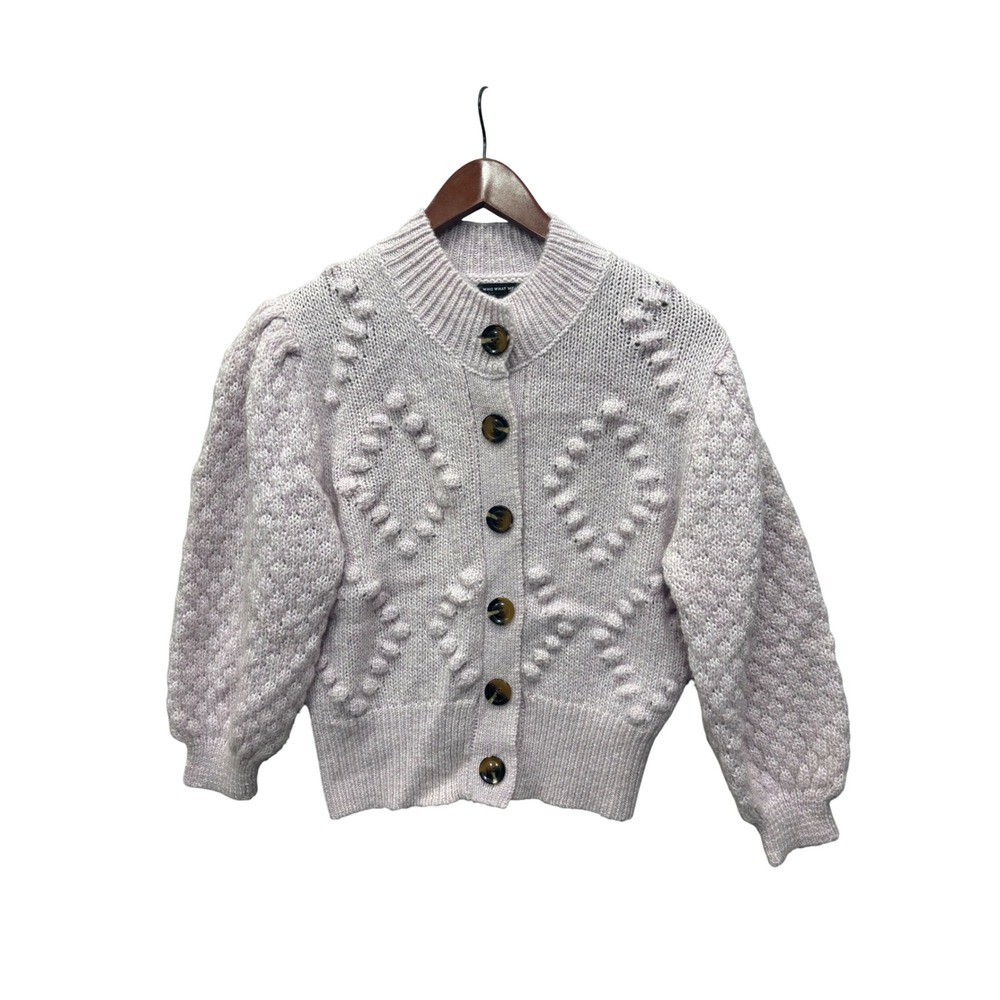 Who What Wear Cardigan XS Bobble Knit Lilac Puff Sleeve Wool Blend Sweater